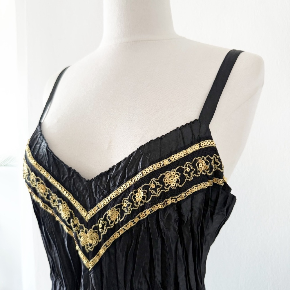 Vintage Y2K Venezia Black and Gold Sequins Satin Floral Babydoll Tank Size 16 - Picture 5 of 7